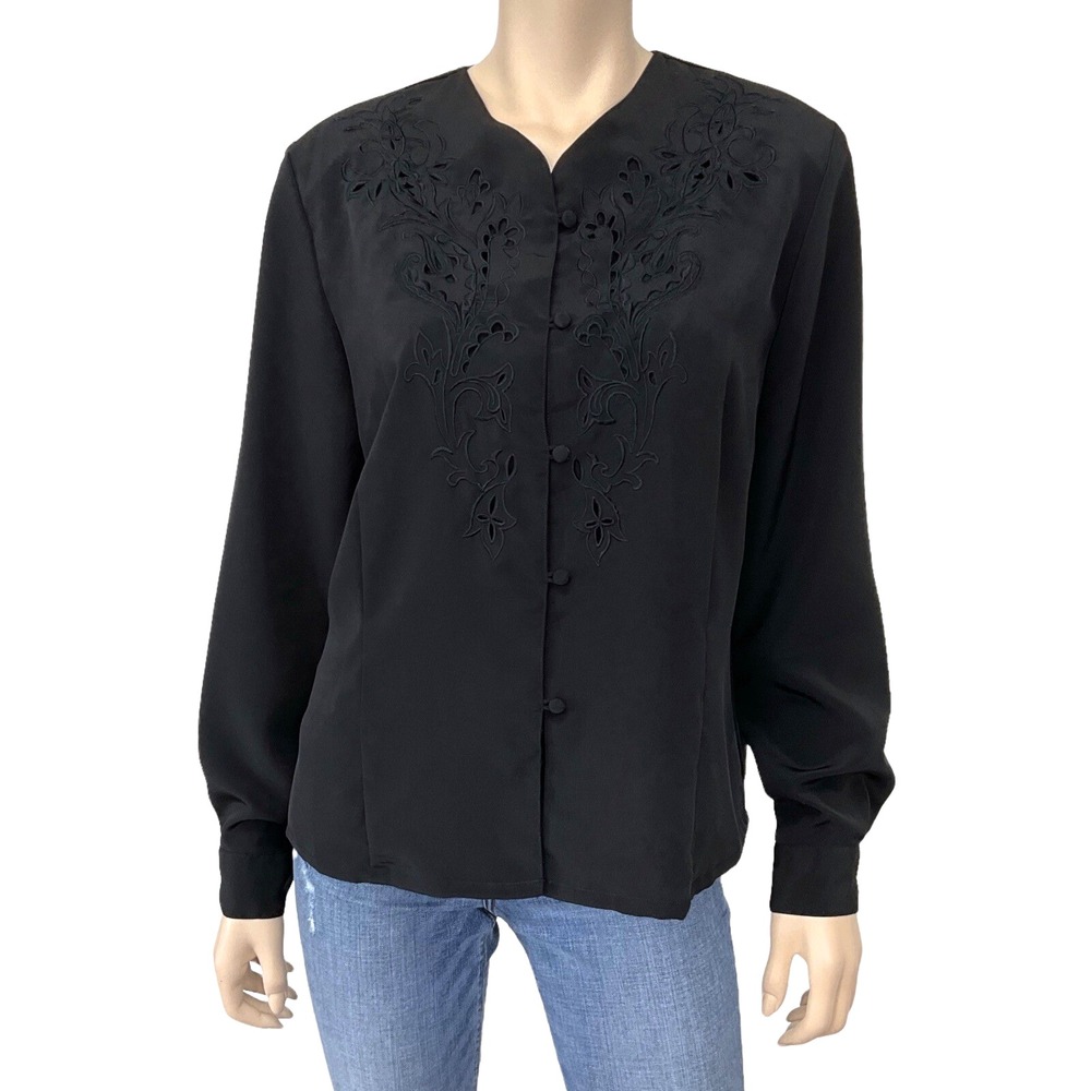 Christie & Jill Blouse Shirt Women Size 12 Black Vintage Embroidered Button Down